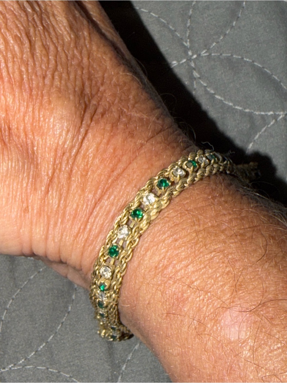Grandmas Jewelry Gold Chain Bracelet with Green and Clear Stones